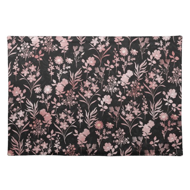 Elegant Rose Gold Flowers Black Botanical Cloth Placemat (Front)