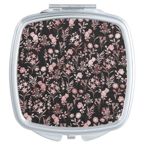 Elegant Rose Gold Flowers Black Botanical Compact Mirror