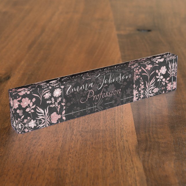 Elegant Rose Gold Flowers Black Botanical Desk Name Plate (Side)