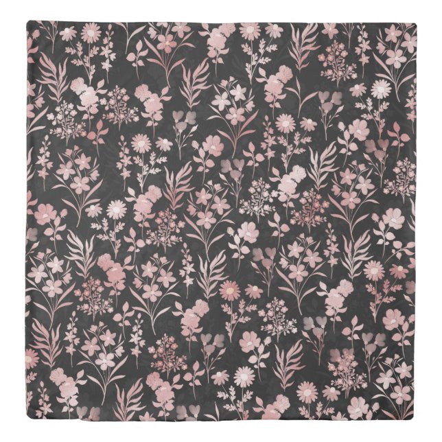 Elegant Rose Gold Flowers Black Botanical Duvet Cover (Front)