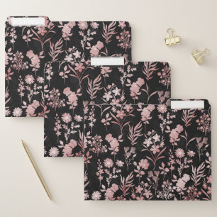 Elegant Rose Gold Flowers Black Botanical File Folder
