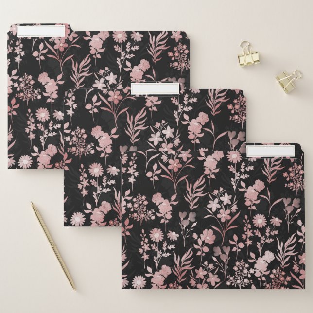 Elegant Rose Gold Flowers Black Botanical File Folder (Set)