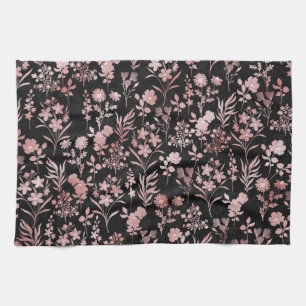 Elegant Rose Gold Flowers Black Botanical Kitchen Towel