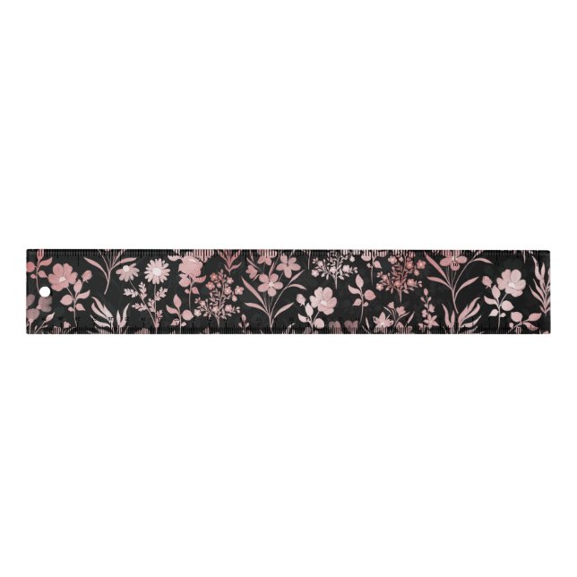 Elegant Rose Gold Flowers Black Botanical Ruler (Front)