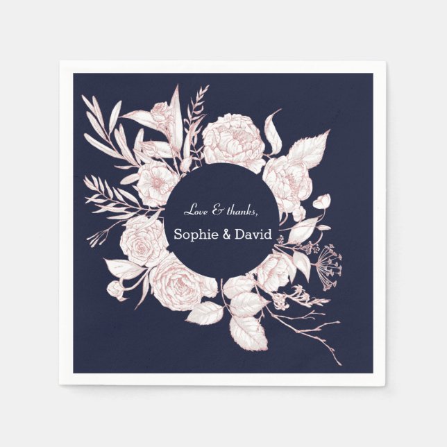 Elegant Rose Gold Flowers Navy Blue Wedding Napkins (Front)