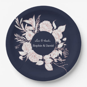 Elegant Rose Gold Flowers Navy Blue Wedding Paper Plates
