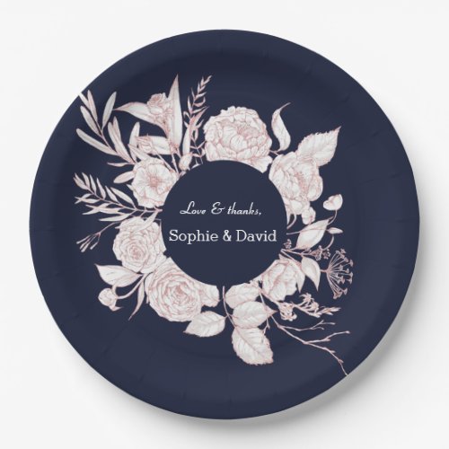 Elegant Rose Gold Flowers Navy Blue Wedding Paper Plates