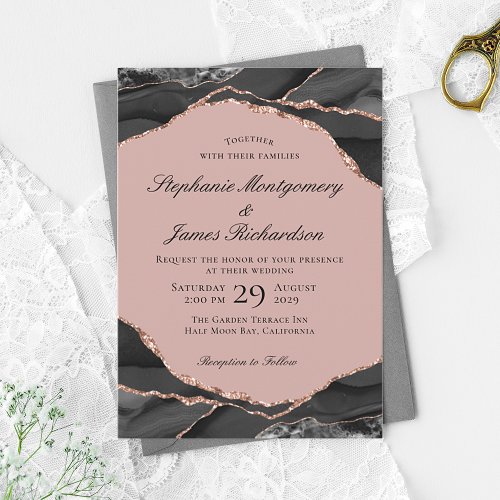 Elegant Rose Gold Foil Agate Wedding Invitation