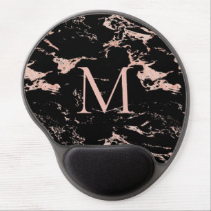 Elegant Rose Gold Foil Black Marble Monogram Gel Mouse Pad