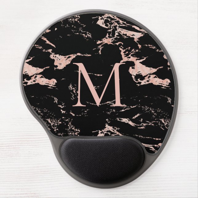 Elegant Rose Gold Foil Black Marble Monogram Gel Mouse Pad (Front)
