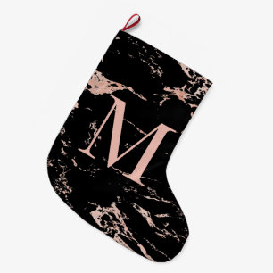 Elegant Rose Gold Foil Black Marble Monogram Large Christmas Stocking