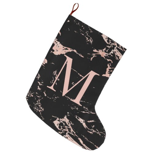 Elegant Rose Gold Foil Black Marble Monogram Large Christmas Stocking