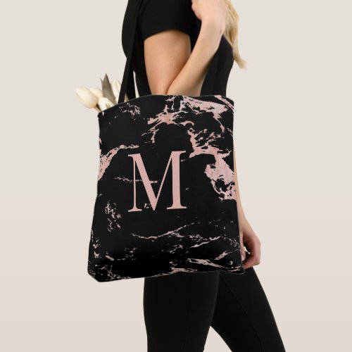 Elegant Rose Gold Foil Black Marble Monogram Tote Bag