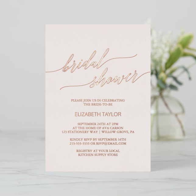 Elegant Rose Gold Foil | Blush Pink Bridal Shower Invitation (Standing Front)