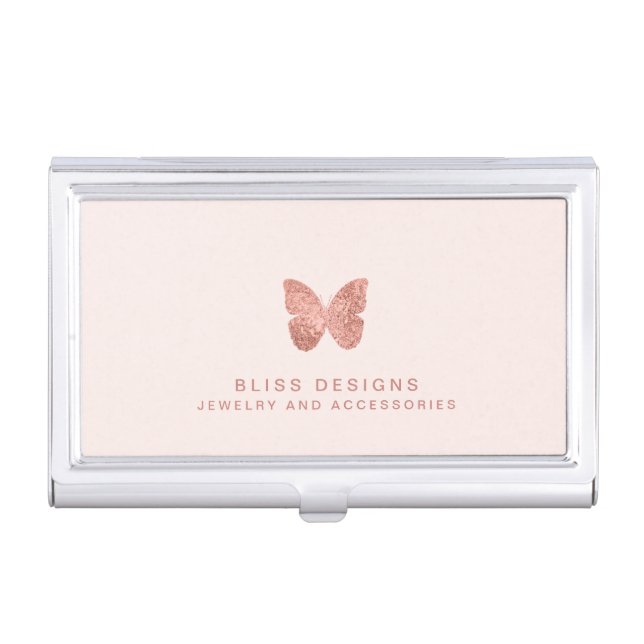 Elegant Rose Gold Foil Butterfly Blush Pink Business Card Case (Front)