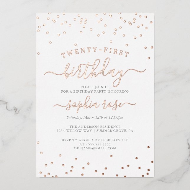 Elegant Rose Gold Foil Calligraphy 21st Birthday  Foil Invitation (Front)