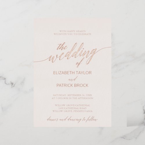 Elegant Rose Gold Foil Calligraphy  Blush Wedding Foil Invitation