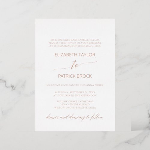 Elegant Rose Gold Foil Calligraphy Formal Wedding Foil Invitation