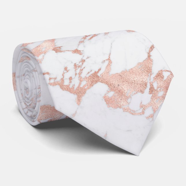 Elegant Rose Gold Foil Chic White Marble Neck Tie (Rolled)