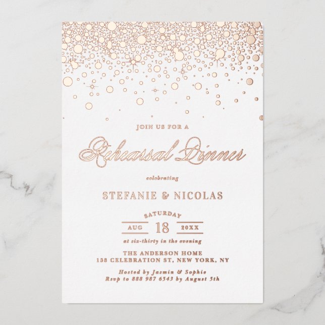 Elegant Rose Gold Foil Confetti Rehearsal Dinner Invitation (Front)