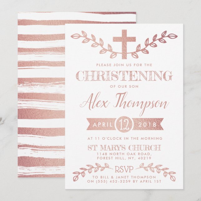 Elegant Rose Gold Foil Cross & Foliage Christening Invitation (Front/Back)