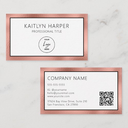 Elegant Rose Gold Foil Edged Logo QR Code Business Card