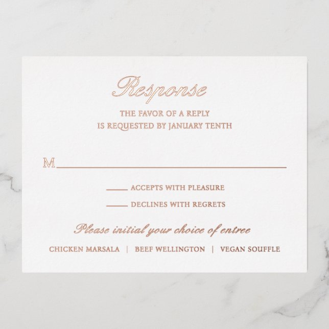 Elegant Rose Gold Foil Formal Wedding RSVP Card (Front)