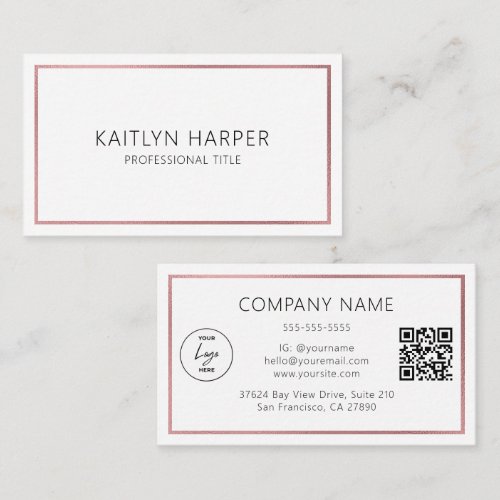 Elegant Rose Gold Foil Frame Minimal Logo QR Code Business Card