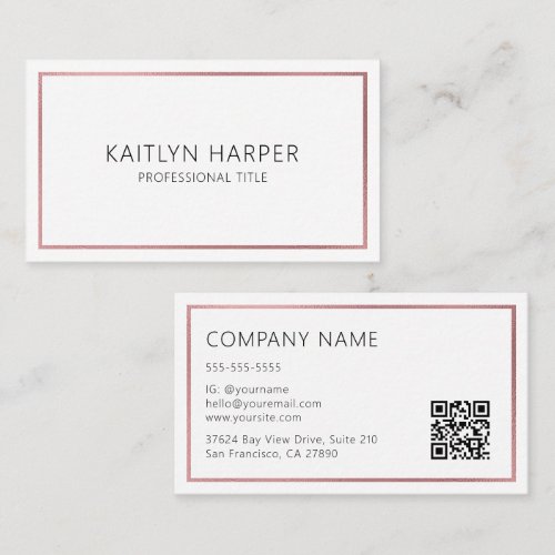 Elegant Rose Gold Foil Frame Minimal QR Code Business Card