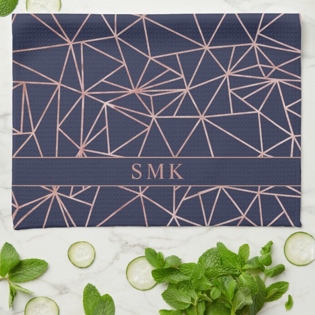 Elegant Rose Gold Foil Geometric Polygon Navy Blue Kitchen Towel (Folded)