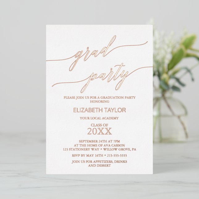 Elegant Rose Gold Foil Graduation Party Foil Invitation (Standing Front)