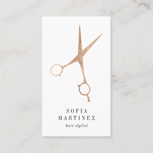 Elegant rose gold foil hair stylist scissors logo business card