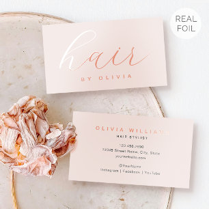 Elegant Rose Gold Foil Hair Stylist Script Pink Business Cards