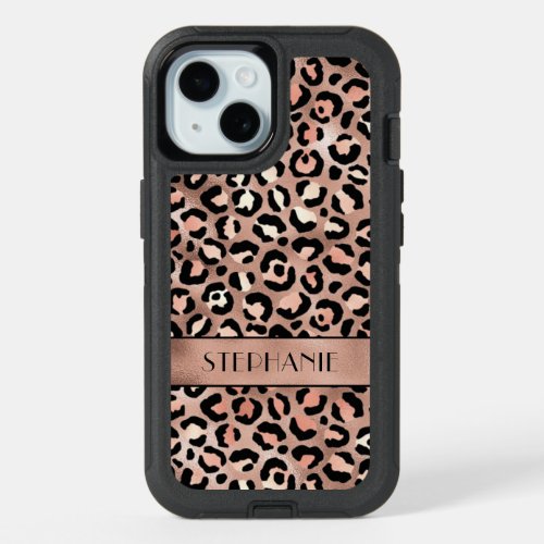 Elegant Rose Gold Foil Leopard Print Custom iPhone 15 Case