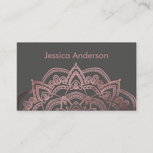 Elegant Rose Gold Foil Mandala Over Dark Gray Business Card