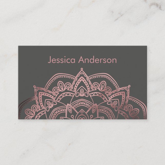Elegant Rose Gold Foil Mandala Over Dark Gray Business Card (Front)