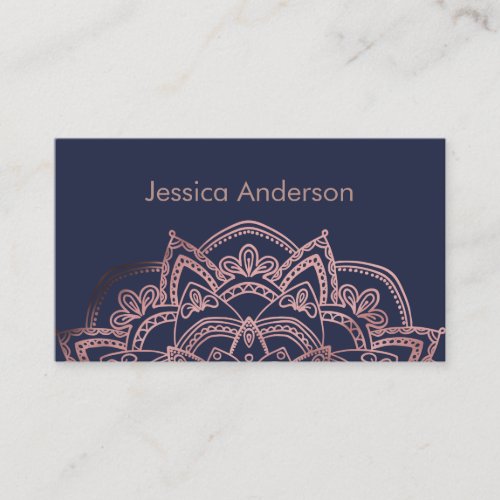 Elegant Rose Gold Foil Mandala Over Navy Business Card