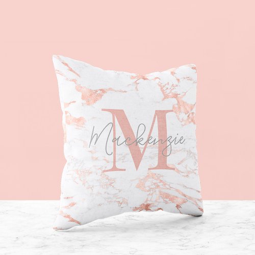 Elegant Rose Gold Foil Marble Monogram Throw Pillow