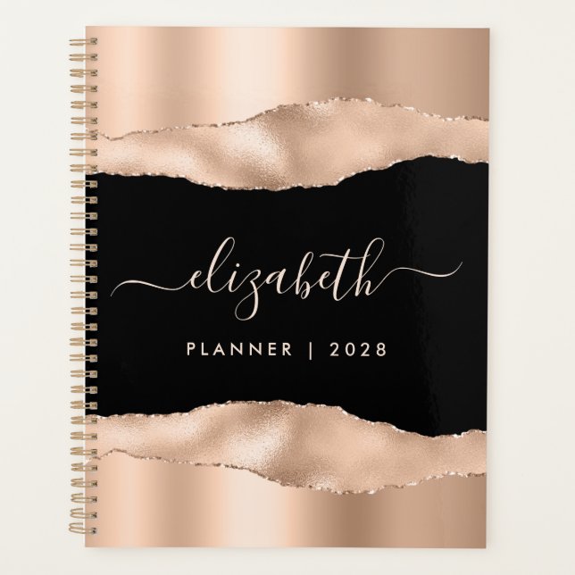 Elegant Rose Gold Foil Monogrammed Black Planner (Front)