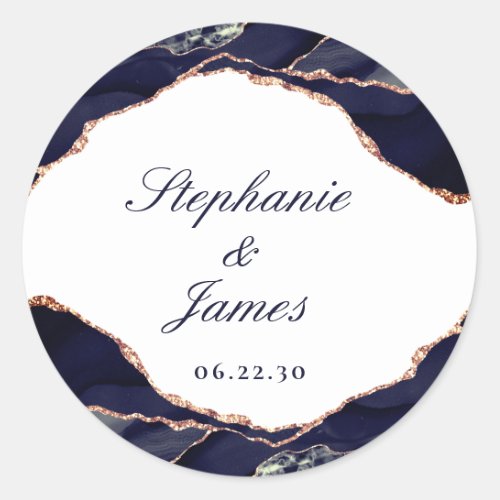 Elegant Rose Gold Foil Navy Blue Agate Wedding Classic Round Sticker
