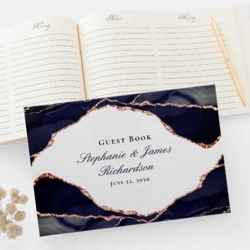 Elegant Rose Gold Foil Navy Blue Agate Wedding Guest Book