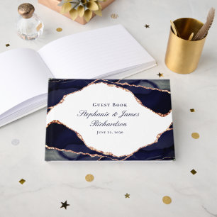 Elegant Rose Gold Foil Navy Blue Agate Wedding Guest Book