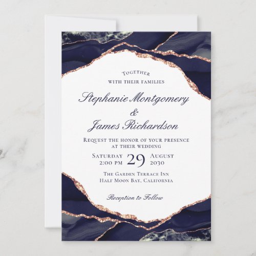 Elegant Rose Gold Foil Navy Blue Agate Wedding Invitation