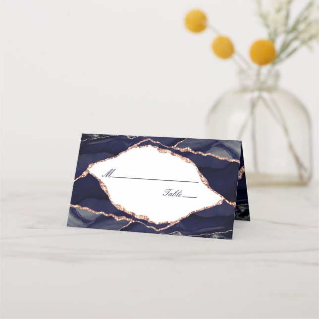 Elegant Rose Gold Foil Navy Blue Agate Wedding Place Card (Front)