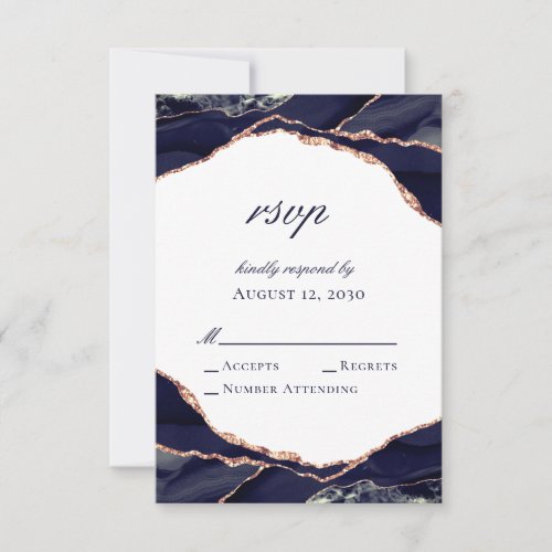 Elegant Rose Gold Foil Navy Blue Agate Wedding RSVP Card