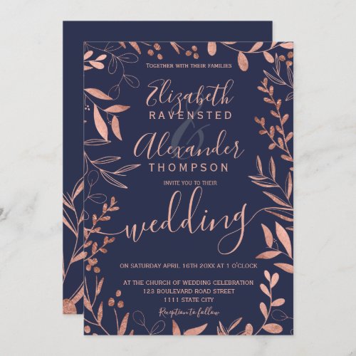 Elegant rose gold foil navy blue floral wedding invitation