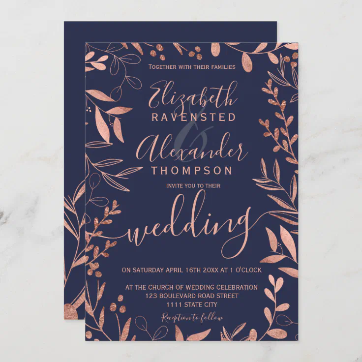 Elegant rose gold foil navy blue floral wedding invitation | Zazzle