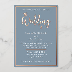 Elegant Rose Gold Foil on Dusty Blue Wedding Invitation