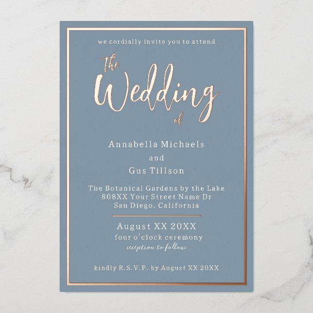 Elegant Rose Gold Foil on Dusty Blue Wedding Invitation (Front)