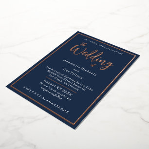 Elegant Rose Gold Foil on Navy Blue Wedding Invitation